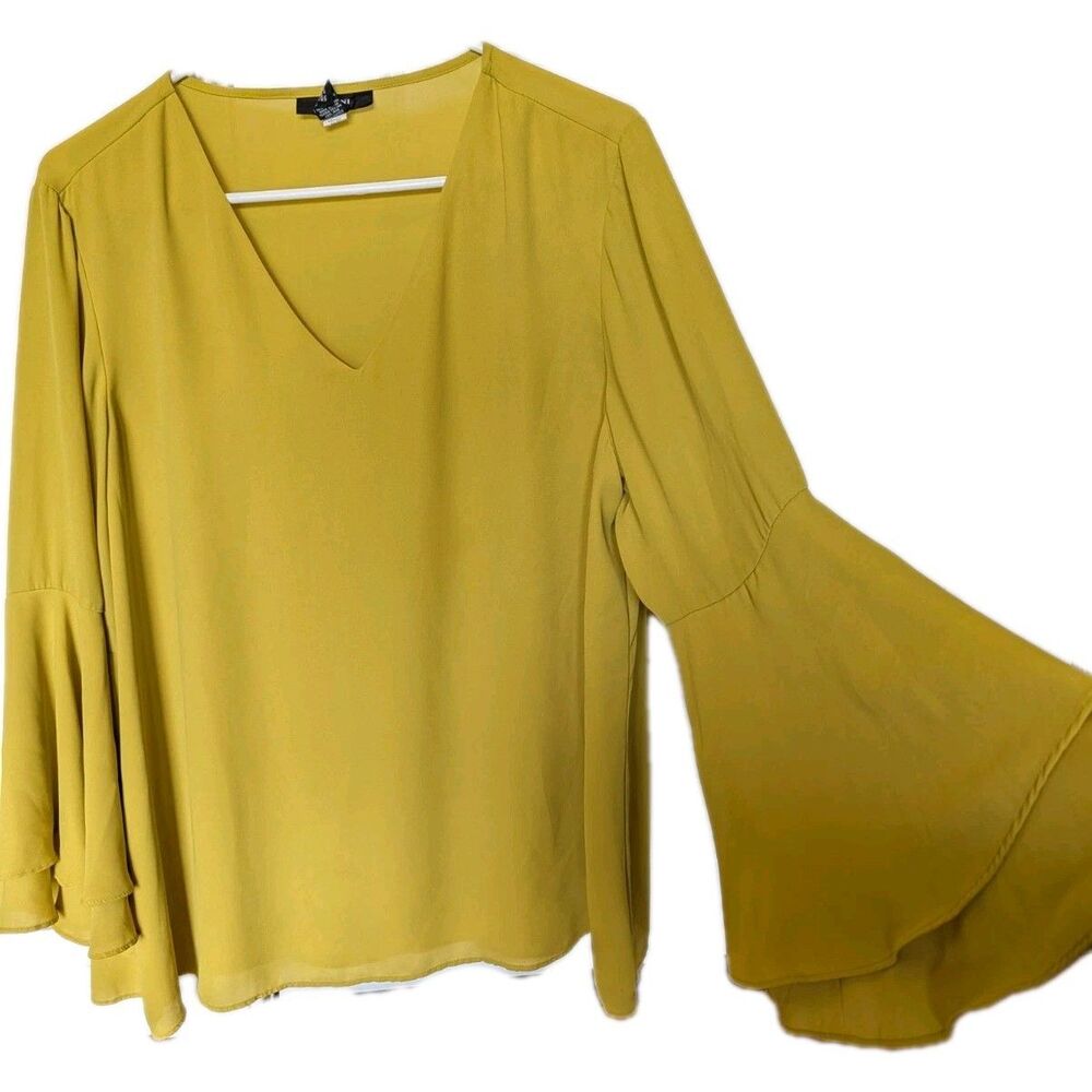 Alfani Yellow V-Neck Tiered Bell Poet Sleeve Top Boho Chic Plus Size 16